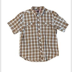Men's Split Brown White Snap Western Plaid Shirt Size XL Pockets